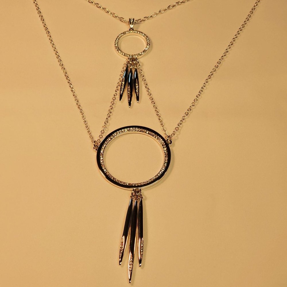 BCBGeneration Layered Circle Silver Necklace w/ rhinestones, Lobster claw clasp - Picture 6 of 9
